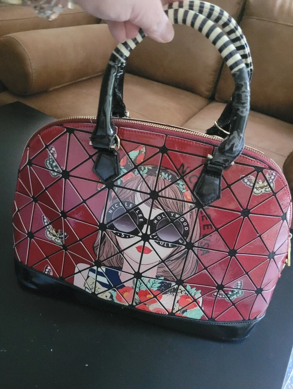 Nicole Lee Red Graphic Dome Satchel with Black Accents